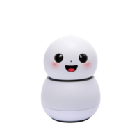 cute, white, round robot with smiling face and blushing cheeks stands against plain background, exuding friendly and approachable vibe png