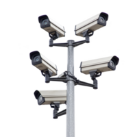 Six surveillance cameras are mounted on tall metal pole, capturing multiple angles for security purposes. cameras are arranged in circular pattern, ensuring comprehensive coverage png
