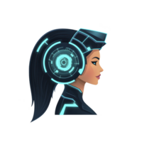 futuristic illustration of woman with glowing blue cybernetic headgear, showcasing advanced technology and innovation. design features sleek lines and digital aesthetic png