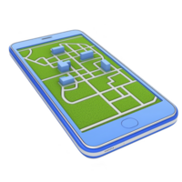 smartphone displaying 3D city map with buildings and streets, symbolizing navigation and technology. map is vibrant and detailed, highlighting urban planning and digital innovation png