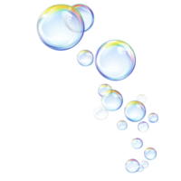 Colorful soap bubbles floating against transparent background, showcasing their iridescent surfaces and delicate, spherical shapes. bubbles vary in size, creating whimsical and playful atmosphere png