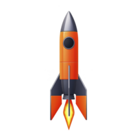 vibrant orange and gray rocket with sleek design is depicted, showcasing fiery exhaust as it appears ready for launch. image conveys sense of adventure and exploration png