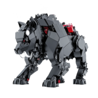 black robotic panther made from interlocking blocks stands poised, showcasing intricate mechanical details and sleek design. model features red accents and dynamic pose png