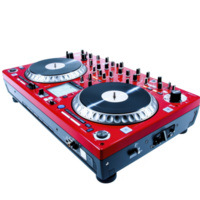 vibrant red DJ controller with dual turntables and numerous knobs and buttons, designed for mixing music and creating dynamic soundscapes. Perfect for DJs and music enthusiasts png
