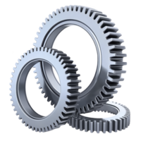 Three interlocking metallic gears with shiny silver finish are depicted, symbolizing teamwork and precision mechanical engineering. gears are positioned different angles, showcasing their png