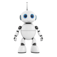 cute white robot with blue eyes and small antenna stands cheerfully, showcasing its futuristic design and friendly appearance. robot round body and articulated limbs suggest advanced technology png