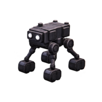 small, black, four legged robot with glowing eyes stands on transparency background, showcasing futuristic design. Its mechanical legs and compact body suggest advanced technology and innovation png