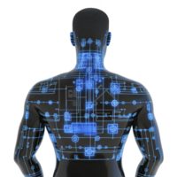 digital illustration of human figure with futuristic circuit pattern glowing in blue, symbolizing technology integration and innovation. design covers back and arms, creating sci fi aesthetic png