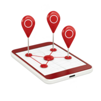 digital tablet displays map with three red location pins, symbolizing navigation and connectivity. pins are connected, indicating route or path. image conveys sense of direction and technology png