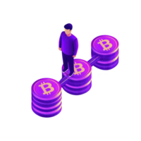 person stands confidently on bridge made of stacked Bitcoin coins, symbolizing connection and balance in cryptocurrency investment png