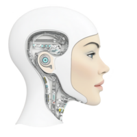 futuristic humanoid robot head with visible internal mechanisms and serene expression, showcasing advanced technology and artificial intelligence png