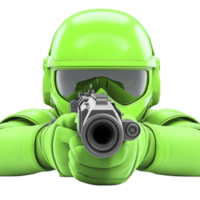 futuristic soldier in bright green armor aims weapon directly forward, showcasing sleek and modern design. helmet and visor add high tech feel to intense and focused stance png