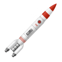 sleek, red and white rocket with retro design, featuring fins and pointed nose, ready for launch into space. rocket classic style evokes sense of adventure and exploration png