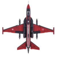 red and black fighter jet is viewed from above, showcasing its sleek design and aerodynamic shape. aircraft features distinctive markings its wings and fuselage, emphasizing its military purpose png