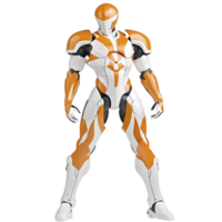 futuristic humanoid robot stands confidently, featuring sleek design with orange and white armor. robot advanced technology and dynamic pose suggest agility and strength png