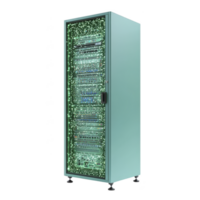 tall, sleek server rack stands with glowing green lights, indicating active data processing. modern design and digital display suggest advanced technology, ideal for data centers png