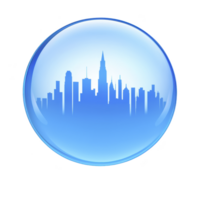 blue circular icon features city skyline silhouette, creating modern and urban feel. skyline is enclosed within glossy sphere, giving futuristic and sleek appearance png