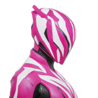 futuristic helmet with sleek design features bold pink and white stripes, creating dynamic and modern look. helmet smooth contours and vibrant colors suggest speed and innovation png