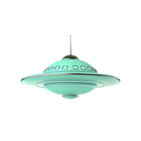 futuristic, teal colored UFO with classic saucer shape and antenna, floating against transparency background, evokes sense of mystery and science fiction png