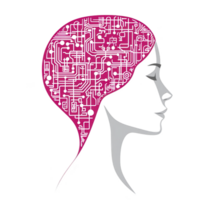 silhouette of human head with pink circuit board pattern symbolizes fusion of technology and human intelligence. design is modern and abstract, reflecting innovation and creativity png