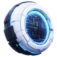 futuristic, glowing blue and white circular device with intricate digital patterns, evoking sense of advanced technology and innovation png