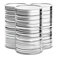 Three shiny, silver tin cans are stacked together, reflecting light on their smooth metallic surfaces. cans are empty, with no labels, showcasing clean and industrial look png