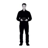 silhouette of person holding tablet, standing upright. figure is depicted minimalist style, emphasizing outline and posture. background is plain, highlighting silhouette form and object their png