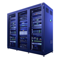 large, modern server rack filled with various networking equipment and servers, illuminated with blue LED lights, showcasing advanced technology and data management capabilities png