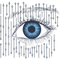 digital illustration of human eye with binary code elements, symbolizing technology and surveillance. eye is central, with glowing blue details, creating futuristic feel png