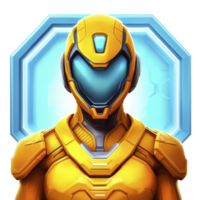 futuristic humanoid robot in sleek yellow armor stands confidently against glowing blue hexagonal backdrop, exuding sense of advanced technology and innovation png