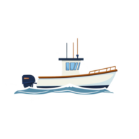small fishing boat with blue and white hull is depicted, featuring outboard motor and cabin with antennas, sailing on calm waters png