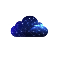 digital cloud icon with network of glowing lines and nodes represents cloud computing and data connectivity. dark blue background with stars adds futuristic feel png