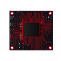 black circuit board with intricate red circuitry patterns and central square chip design, showcasing modern technology and electronic innovation png