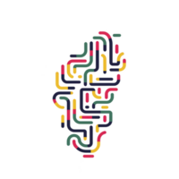This features colorful abstract design resembling brain, composed of interconnected lines and shapes various colors like red, yellow, green, and blue. design is set against plain background png