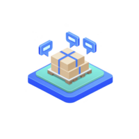 3D illustration of cardboard box on pallet with blue chat bubbles above, symbolizing communication in logistics and shipping. scene is set on blue platform, conveying modern digital theme png
