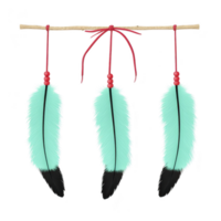 Three turquoise feathers with black tips hang from wooden stick, adorned with red beads and string, creating decorative and cultural display png