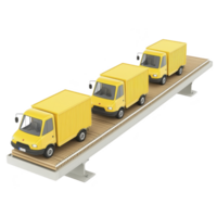 Three yellow delivery trucks are lined up on conveyor belt, symbolizing efficient logistics and transportation. trucks are small and boxy, emphasizing compact design and functionality png