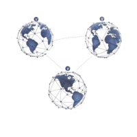 Three interconnected globes with network lines represent global communication and connectivity. blue continents on each globe highlight worldwide interaction and digital networking png