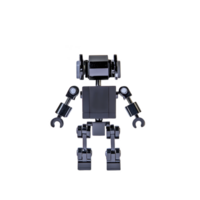 small black toy robot with articulated limbs and blocky design stands against plain background, showcasing its mechanical features and playful appearance png