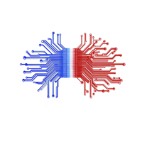 This features digital circuit design red, white, and blue, resembling symmetrical pattern. intricate lines and connections evoke sense of technology and innovation. circuit design red, white png