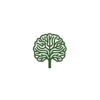 stylized green tree logo with intricate branches forms brain like shape, symbolizing growth and knowledge. design is simple yet impactful, conveying sense of nature and intelligence png