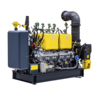 large industrial diesel engine with yellow and black components, featuring multiple cylinders and intricate piping, is designed for heavy duty applications. engine is mounted on sturdy base png