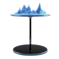 futuristic holographic display table showcases 3D digital landscape with glowing blue peaks and valleys, creating high tech and innovative atmosphere png