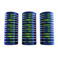 Three futuristic, glowing server towers with vibrant blue and green lights stand against transparency background, symbolizing advanced technology and data storage png