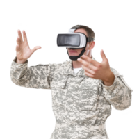 person in military uniform is using virtual reality headset, appearing engaged and focused. digital camouflage pattern contrasts with modern technology, highlighting innovation in training png