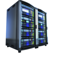 Two large server racks filled with illuminated hardware components stand side by side, showcasing modern data center setup. glowing lights indicate active processing and data management png