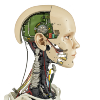 humanoid robot with exposed internal components, showcasing intricate wiring and mechanical parts, represents advanced technology and artificial intelligence. detailed design highlights innovation png