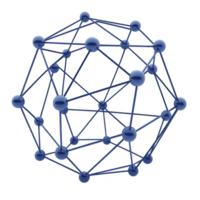 3D geometric structure composed of interconnected blue spheres and lines forms complex network, resembling molecular or atomic model. design is intricate and visually striking png