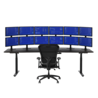 modern trading desk setup with multiple monitors displaying financial data, creating efficient workspace for stock market analysis. ergonomic chair adds comfort for long hours png