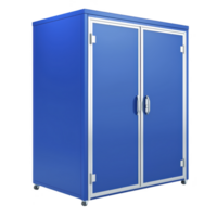 blue metal storage cabinet with double doors and handles, featuring sleek design and mounted on wheels for easy mobility. Ideal for organizing tools or supplies in workshop png